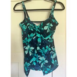Lands End STUNNING Underwire Tankini Top Women 6 Blue Teal Floral Swim Beach
